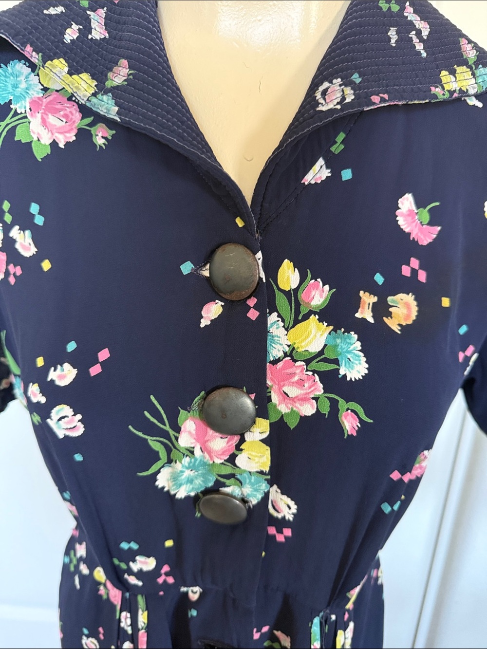 40’s Vintage Navy Floral Maxi Dress with Button-Front - Picture 2 of 5